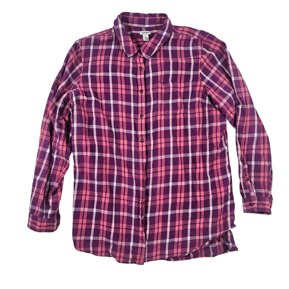 LL Bean Womens XL Purple Pink Plaid Flannel Button Down Shirt LongSleeve Regular